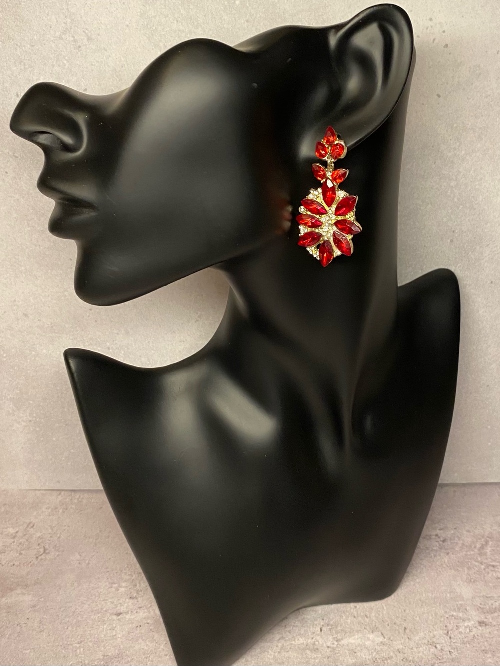 3/$15 Ruby Red Marquis-cut Rhinestone and Goldtone Statement Earrings Bling